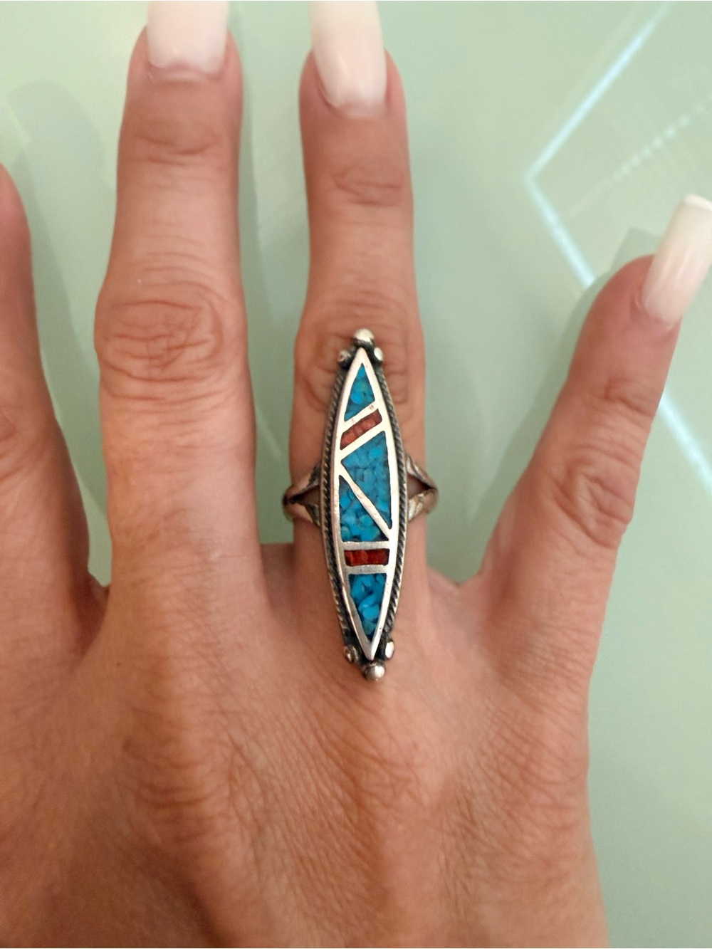 Turquoise Inlay Joe Corbet Navajo-Style Silver Marquise Ring - Blue